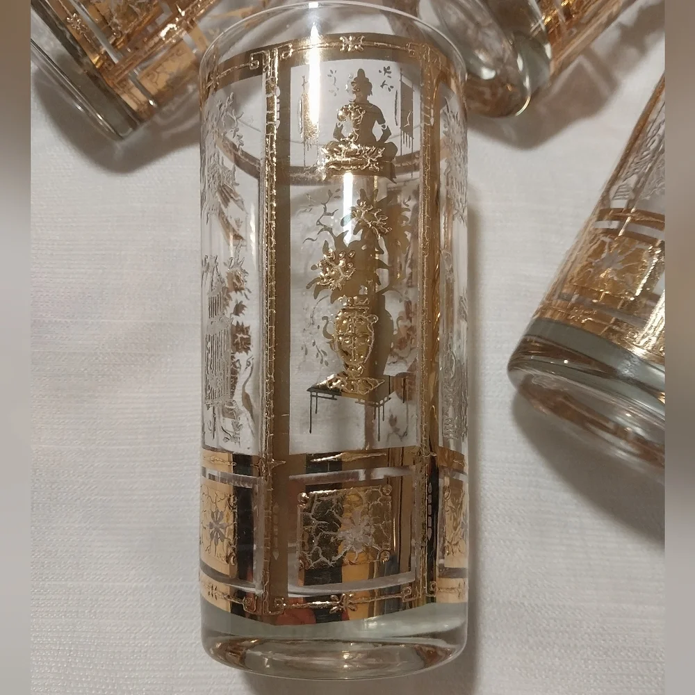 Culver Mid Century 22K Gold Chinoiserie Design Set of Four Highball Glasses